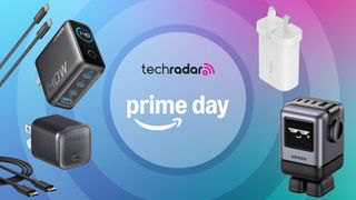 Range of chargers pictured on a multicolored background with the words 'TechRadar: Prime Day' positioned in the center