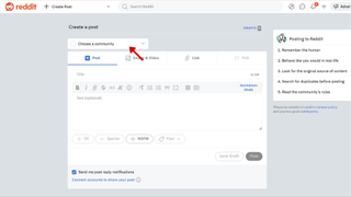 Screenshot of Reddit.com on the browser with a red arrow pointing at the Choose a community dropdown in the Create a Post menu. 