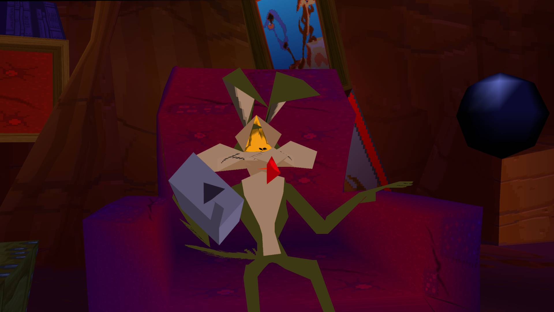 Gameplay screenshot of Sheep, Dog, N' Wolf cutscene with Ralf Wolf in arm chair holding remote.