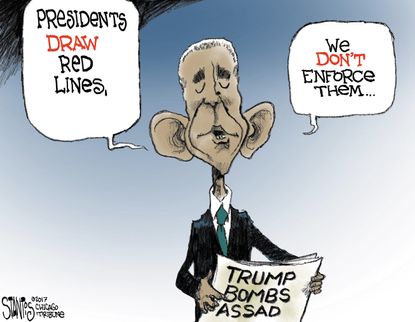 Political Cartoon U.S. Trump Obama Syria Assad Red line