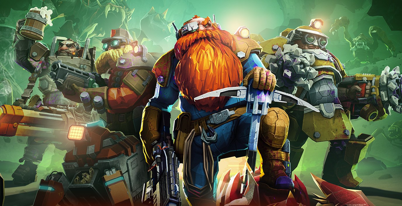 Best co-op games - Deep Rock galactic concept art of three dwarves standing together