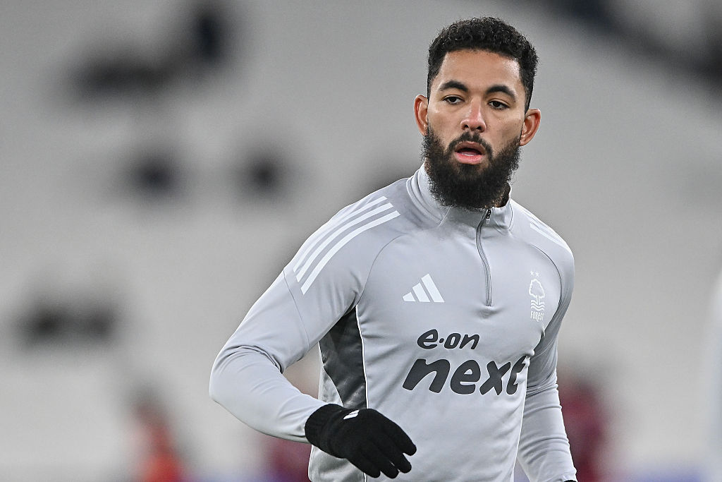 LONDON, ENGLAND - JANUARY 6: Douglas Luiz of Nottingham Forest warms up before the Premier League match between West Ham United and Nottingham Forest at London Stadium on January 6, 2026 in London, England. (Photo by Vince Mignott/MB Media/Getty Images)
