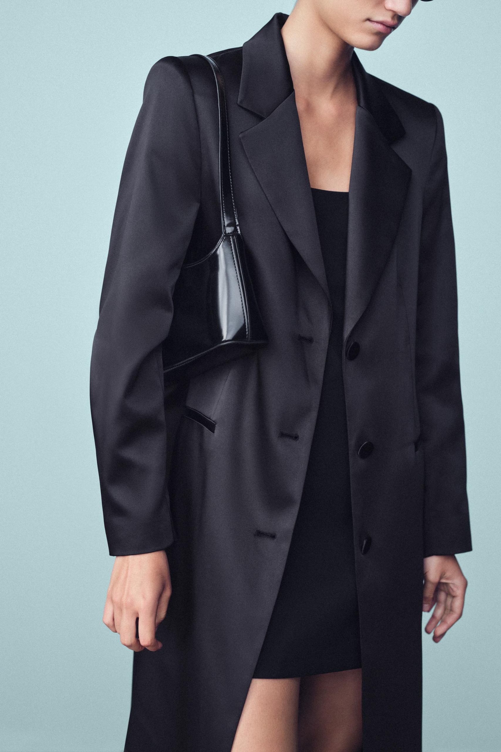 Satin Shoulder Pad Coat - Black - S