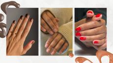A collage featuring autumn nail designs: on the left is a hand with mocha-brown nails by nail artist Mateja Novakovic (@matejanova), and in the middle and right is a hand with soapy pink nails and bright red nails by nail artist Julia Diogo (@paintedbyjools) in a white-grey template with two nail polish spills. 