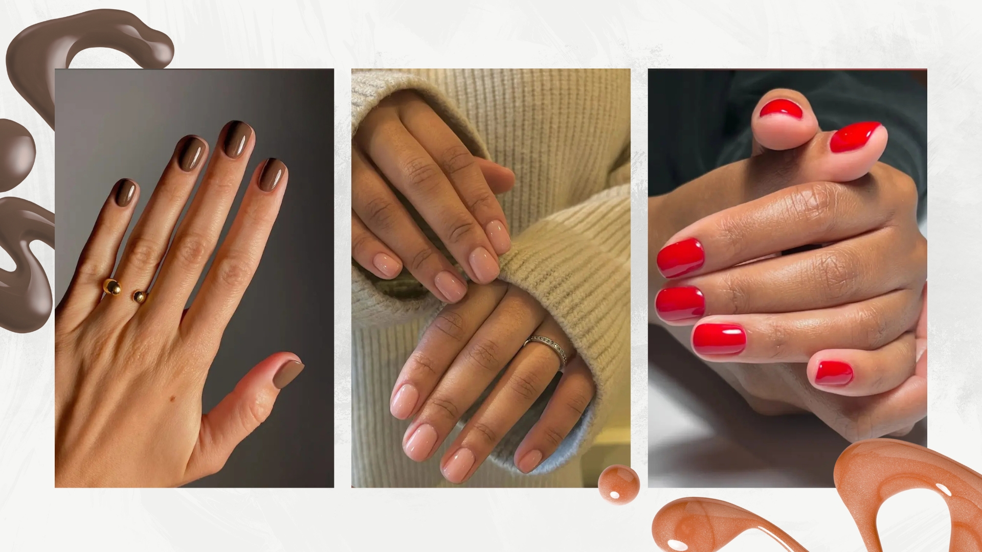 A collage featuring autumn nail designs: on the left is a hand with mocha-brown nails by nail artist Mateja Novakovic (@matejanova), and in the middle and right is a hand with soapy pink nails and bright red nails by nail artist Julia Diogo (@paintedbyjools) in a white-grey template with two nail polish spills. 