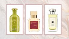 A selection of the best long-lasting perfumes in this guide, including Gucci The Alchemist A Floral Verse, Maison Francis Kurkjian's Baccarat Rouge and Jo Malone Silver Birch and Lavender/ in a cream, marble-effect template