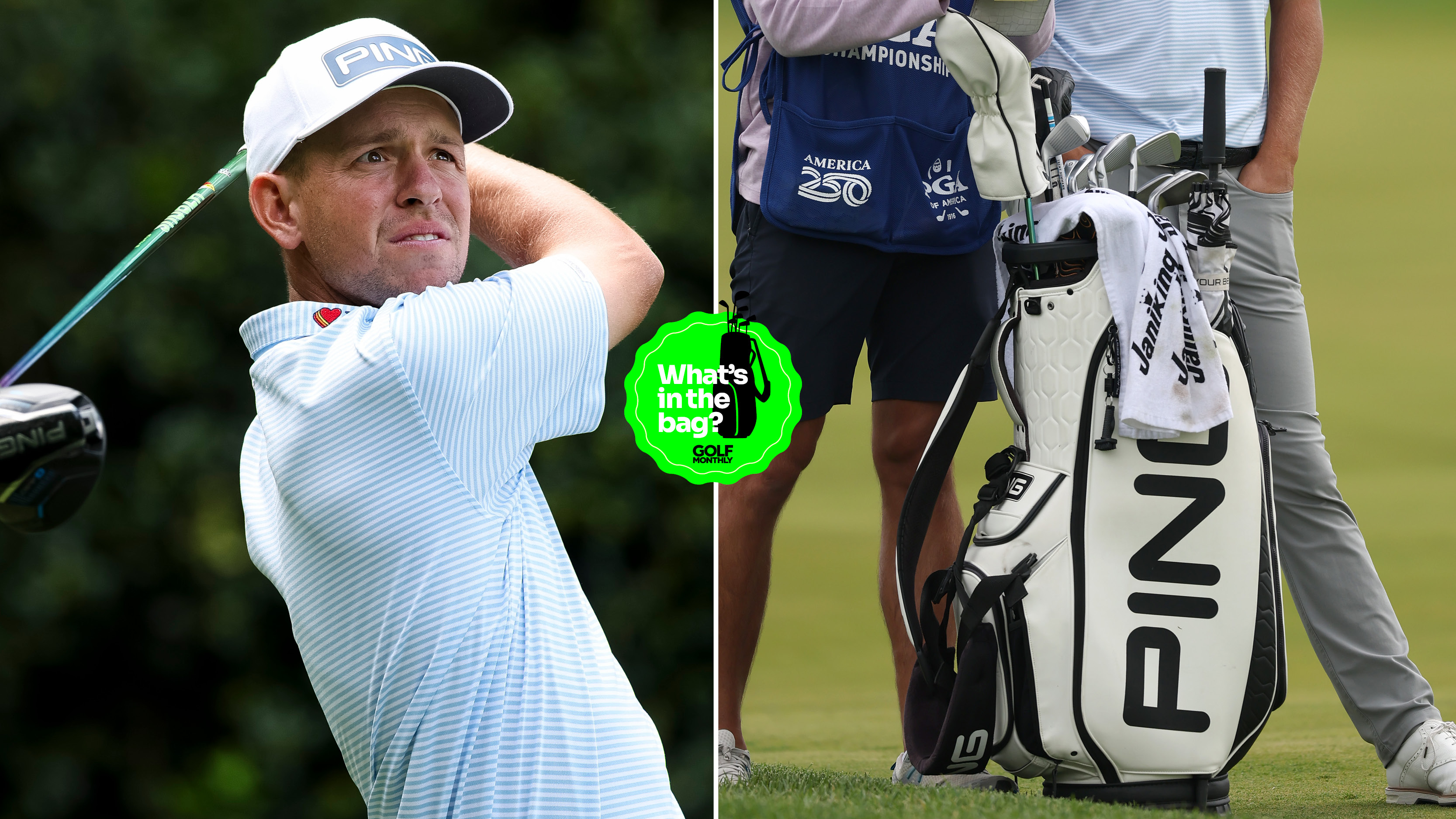 Sam Stevens hits a driver and a close up of his bag
