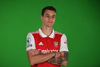 Arsenal unveil new signing Jakub Kiwior at London Colney on January 23, 2023 in St Albans, England.