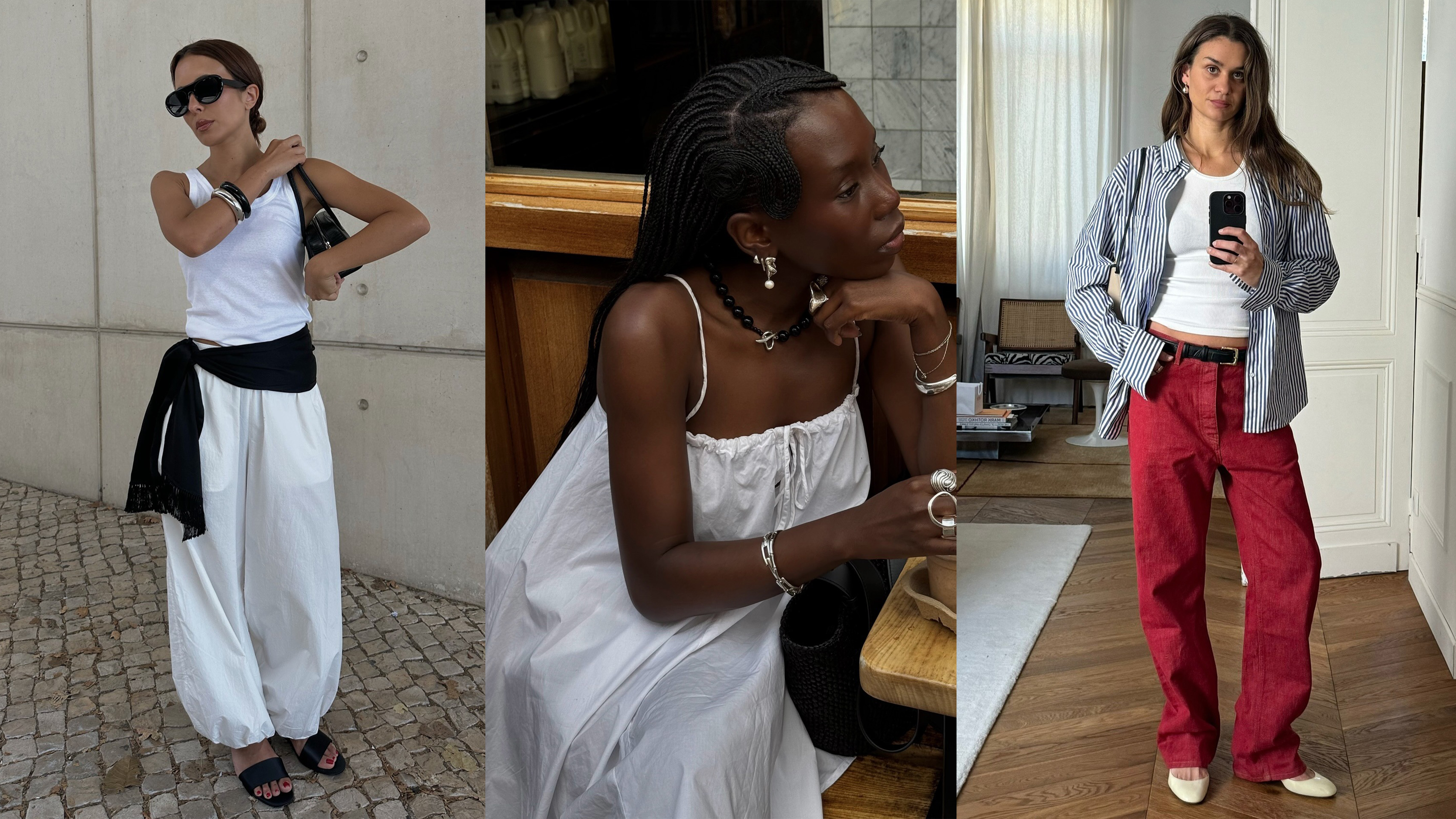 @daniellejinadu wearing a white dress at coffee shop; @deborabrosa wearing white balloon pants and a tank top; @annelauremais wearing red jeans and a striped button-down