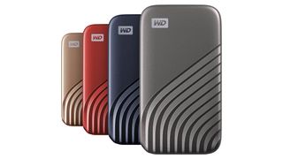 Four colour versions of the Western Digital SSD in a row.