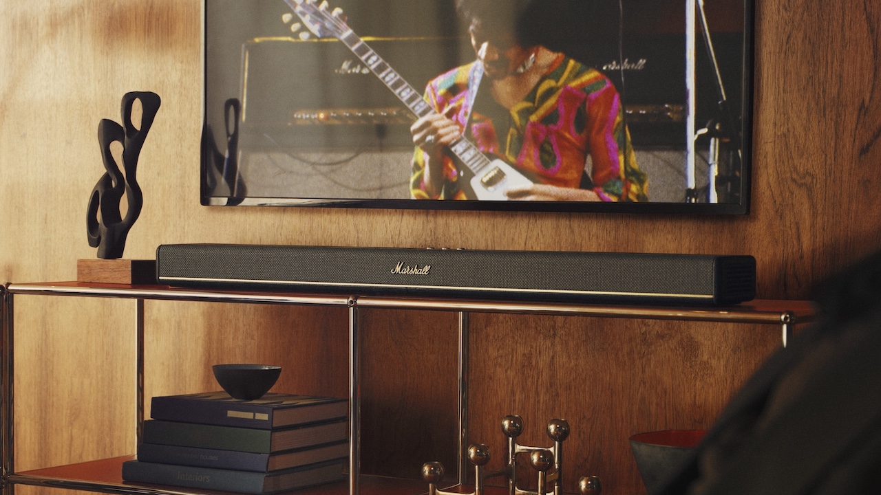 The Marshall Heston 120 soundbar in a living room below a TV