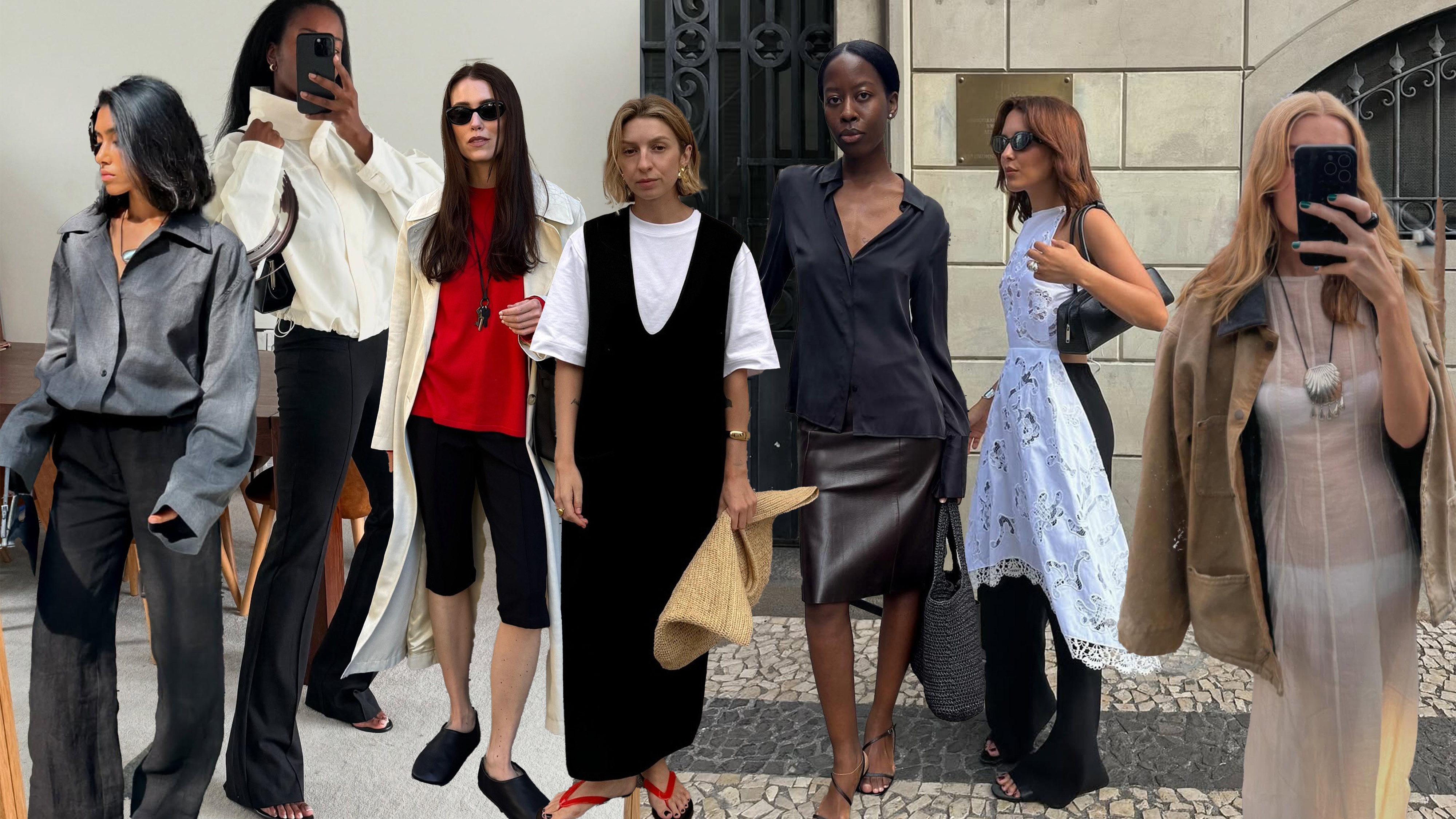 A collage of women wearing summer-to-fall transition outfits. 