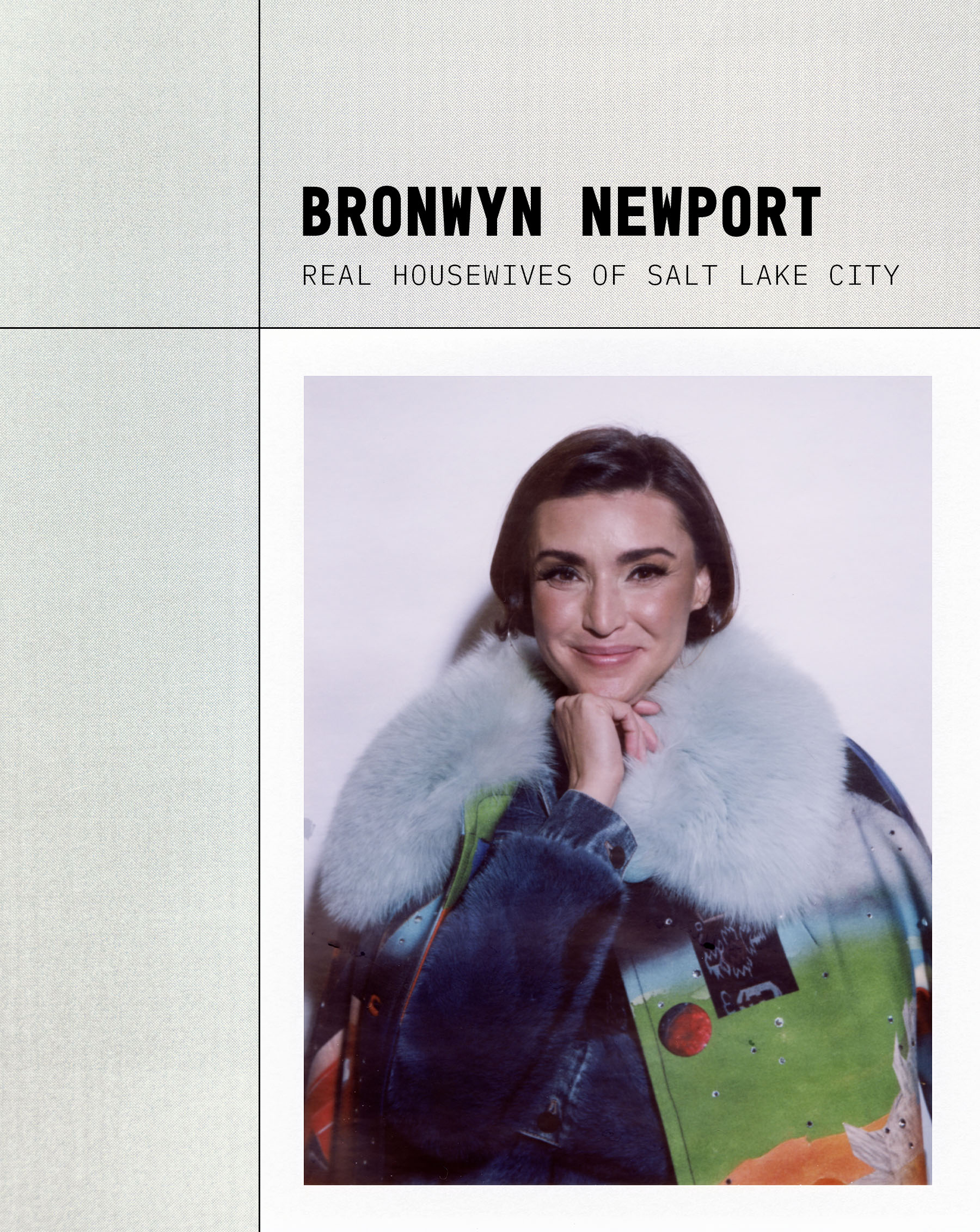 Polaroid portrait of The Real Housewives of Salt Lake City star Bronwyn Newport at theBest Knockoff Luxury Clothing
 and Free People Sundance studio. She is wearing a Libertine coat with faux fur collar.