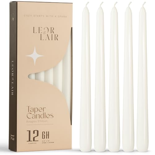 Leor &amp;amp; Lair White Taper Candles - 12 Pack 10" White Candlesticks - Unscented Long Burning Candle Sticks for Home Decoration, Holidays, Weddings, Religious, Restaurants &amp;amp; Events