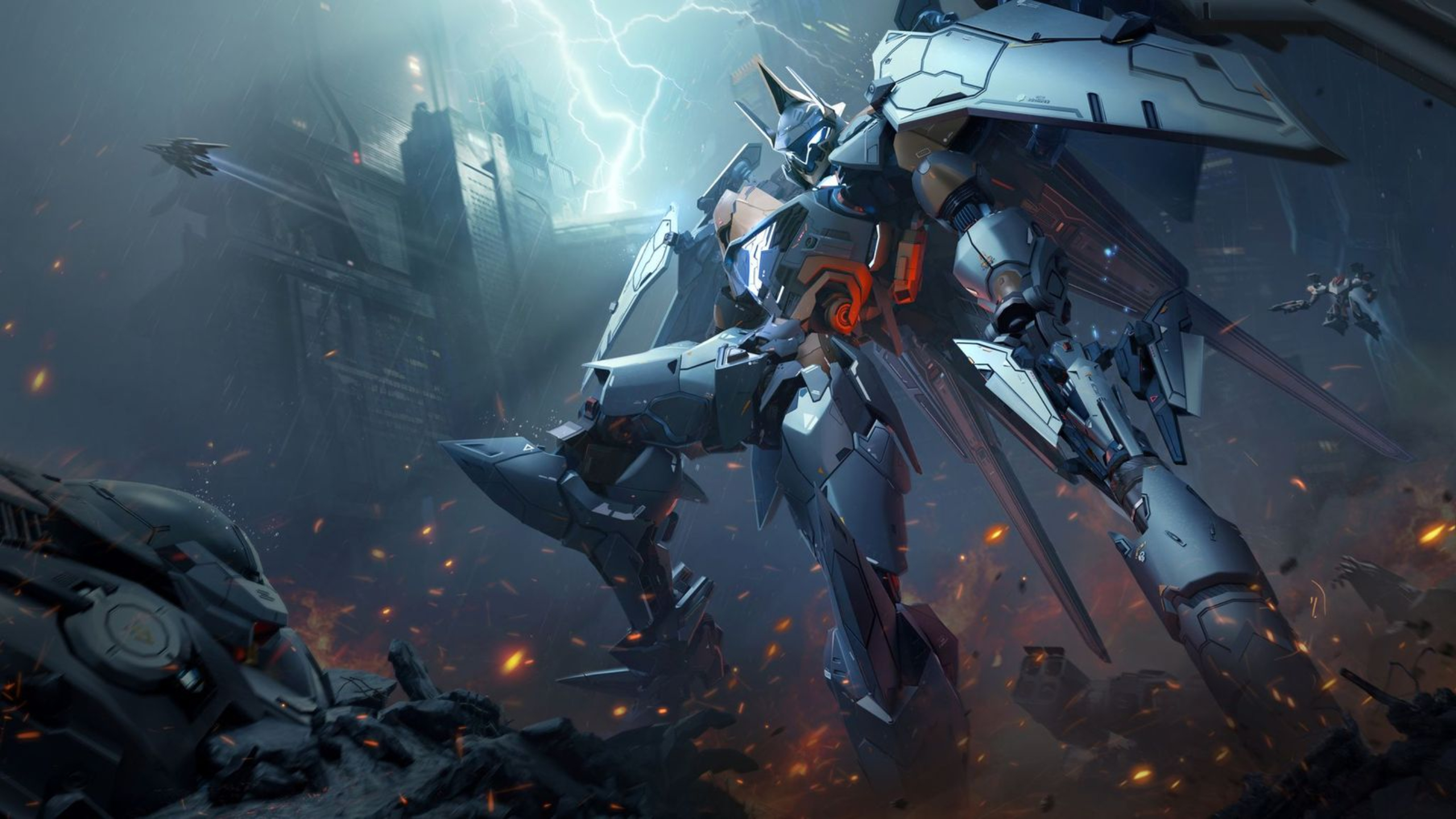 Mecha Break Corite: Artwork of a mecha standing to the side with its right leg on a pile of smouldering mechs.