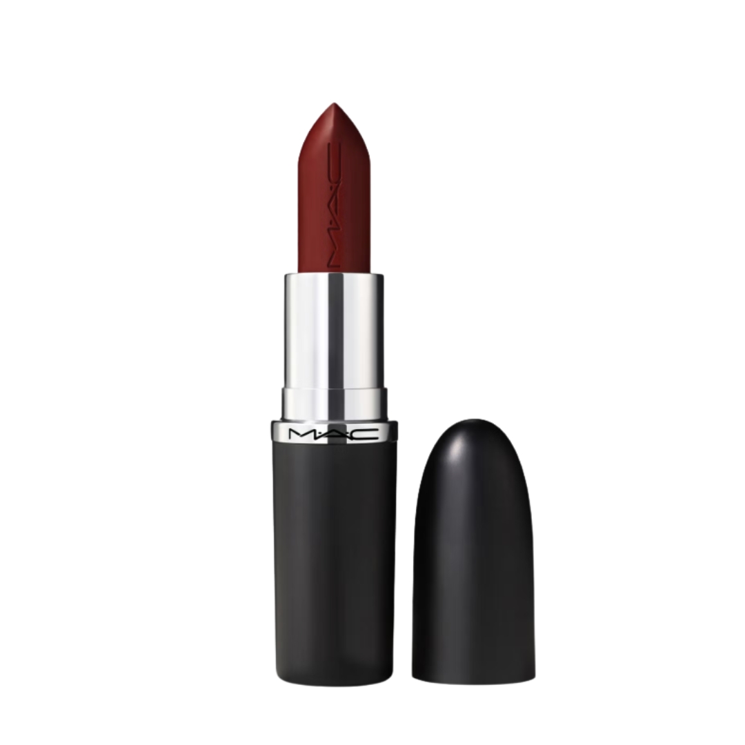 A product shot of the MAC Macximal Sleek Satin Lipstick in shade Paramount, on white background