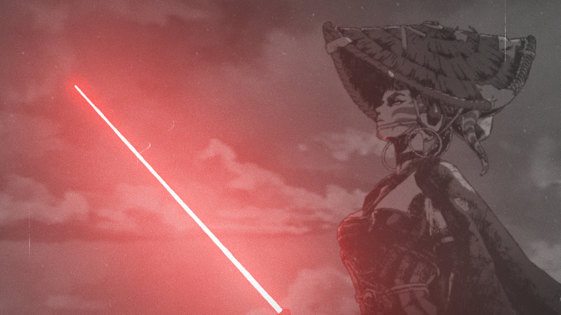 Still from the animated TV anthology series "Star Wars: Visions Volume 3". This episode is called 'The Duel: Payback' by Kamikaze Douga & ANIMA. A samurai with a large hat is holding a red, glowing lightsaber. The rest of the scene is in black and white.