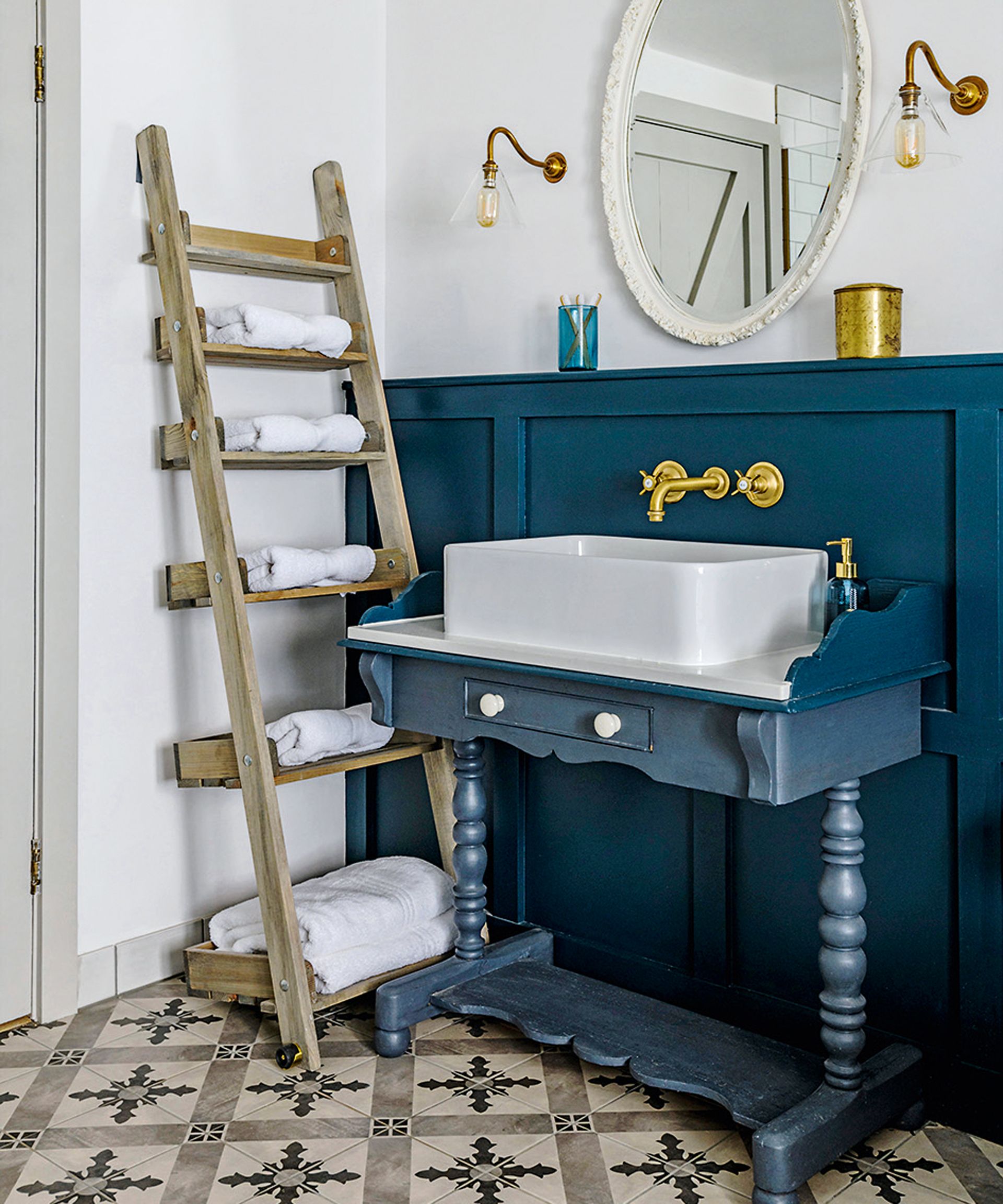 White bathroom with blue panelling and towel rack