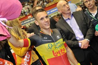 Belgian Champion Philippe Gilbert waves to fans