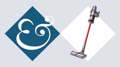 Dyson V11 Outsize on tile background next to Homes & Gardens '&' logo.