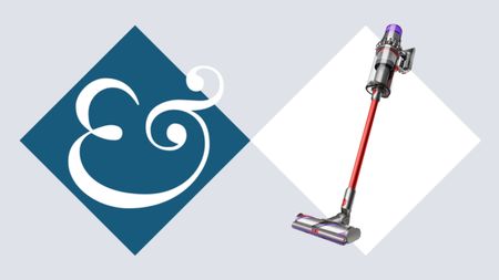 Dyson V11 Outsize on tile background next to Homes & Gardens '&' logo.