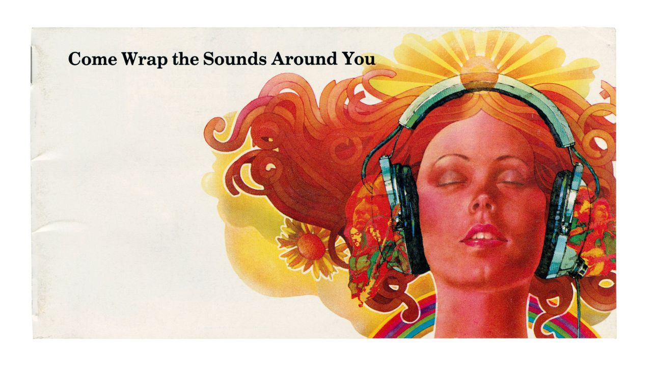 A vintage headphones ad, illustration of woman in headphones, from Audio Erotica: Hi-Fi Brochures 1950s-1980s