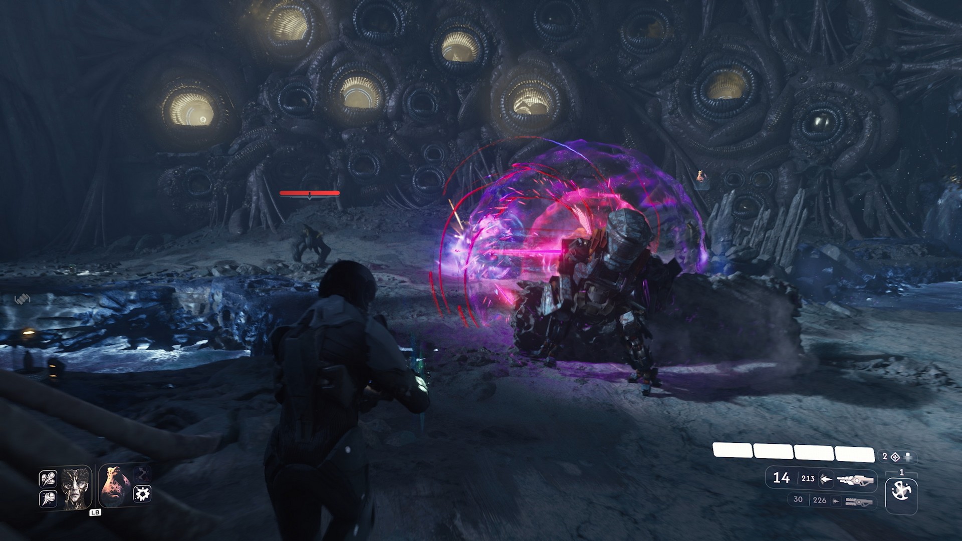 The player and Salt, an octopus in a mech suit, fight aliens in Exodus