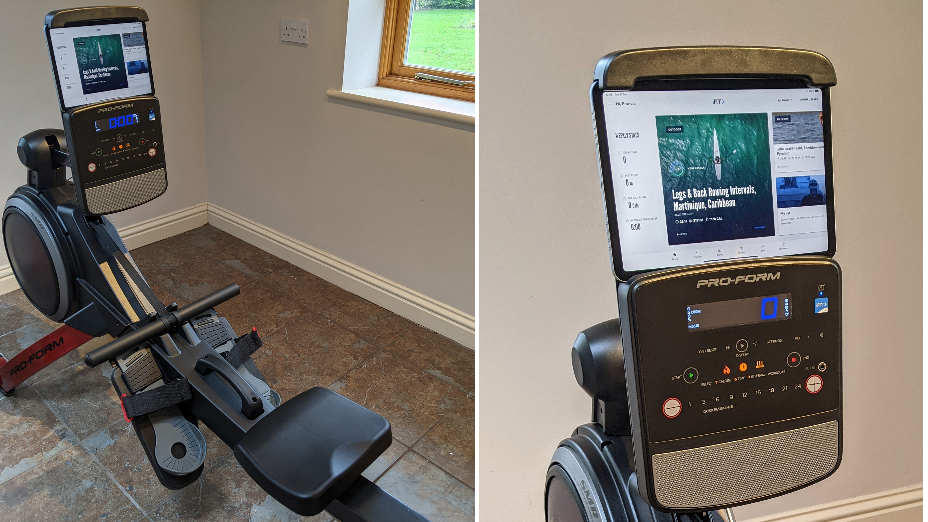Proform 750R collage image, showing the body of the rower and close up of the screen