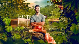 An image of Henry superimposed on a jungle background with temptations in the form of a hotel and Chinese take away. There is also a bright red apple in the foreground with a dangerous looking orange snake coiled around it. 