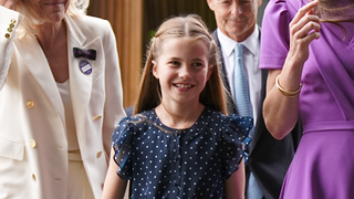 Catherine, Princess of Wales (R) and Princess Charlotte (2nd L) arrive at the All England Lawn Tennis and Croquet Club in Wimbledon, south west London, on day fourteen of the Wimbledon Tennis Championships on July 14, 2024 in London, England