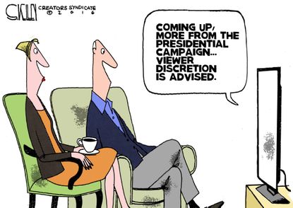 Political cartoon U.S. 2016 election presidential debate mature content