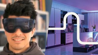 A man wearing a Mirror Lake headset and a Matter smart home with a bolt of light running through it