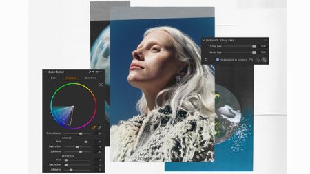 Capture One editing update overview: color wheel to the left, in the middle a woman with bright blond/white hair and to the right regulations for indidivual settings