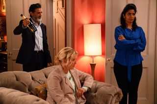 Nish Panesar Kathy Beale and Suki Panesar in the living room at number 41