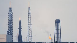  A Blue Origin New Glenn rocket stands at Pad 36 at Cape Canaveral Space Force Station after the scheduled launch was scrubbed due to weather on Nov. 9, 2025 at Cape Canaveral, Florida. Another planned launch on Nov. 12 was scrubbed due to space weather activity.