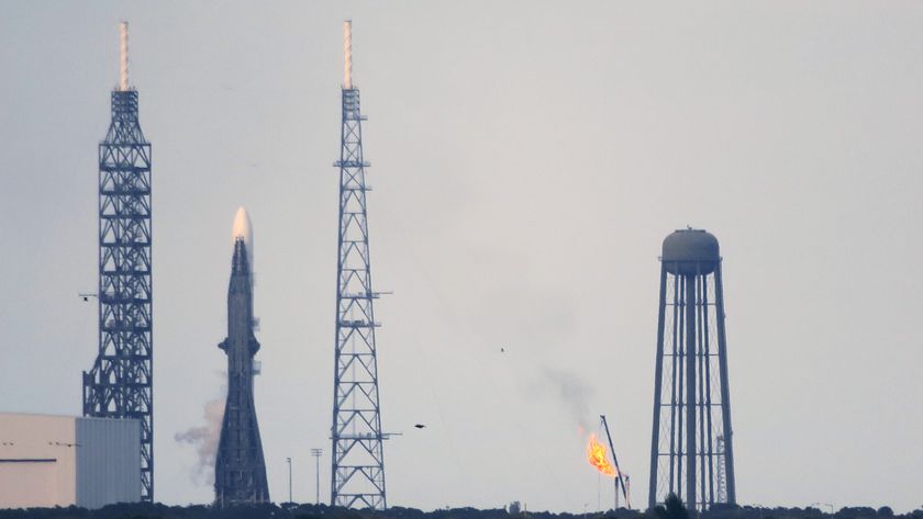  A Blue Origin New Glenn rocket stands at Pad 36 at Cape Canaveral Space Force Station after the scheduled launch was scrubbed due to weather on Nov. 9, 2025 at Cape Canaveral, Florida. Another planned launch on Nov. 12 was scrubbed due to space weather activity.