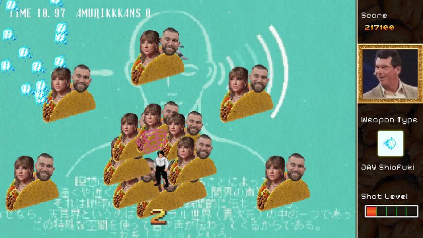 Tacos packed with Travis Kelce and Taylor Swift fly around the screen in Hong Kong 2097 as Vince McMahon looks on from side