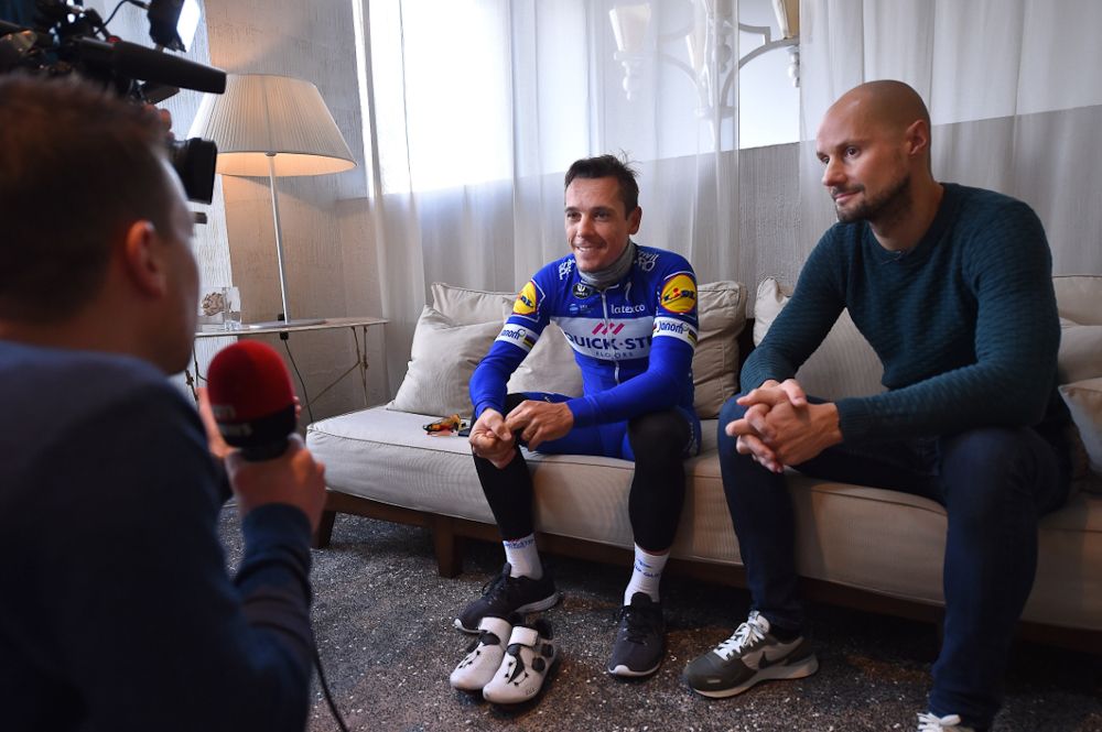 Philippe Gilbert and former Quick-Step rider Tom Boonen talk to the media