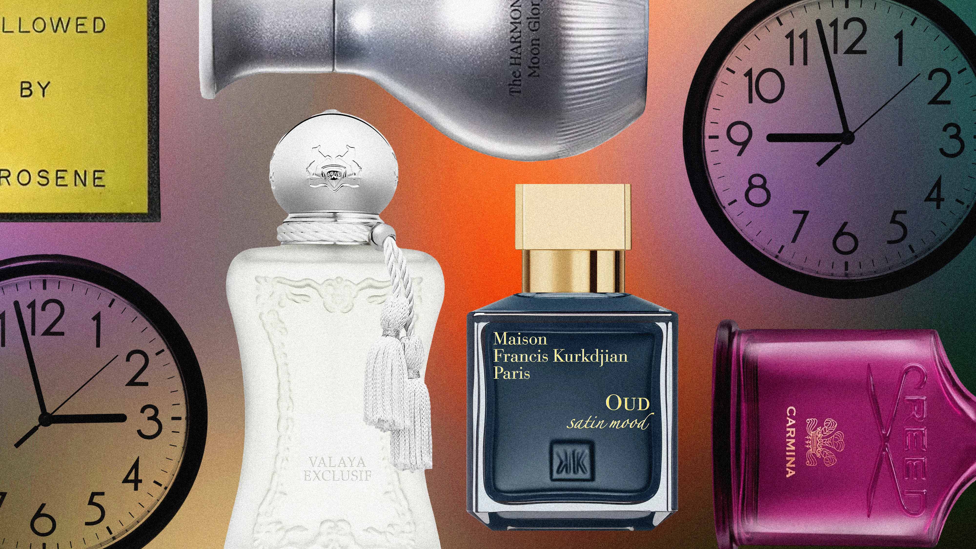 perfume bottles and black clocks on a colorful gradient background