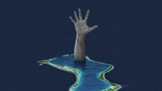 Photo collage of a hand reaching for help, coming up from under water in the middle of the Diego Garcia atoll.