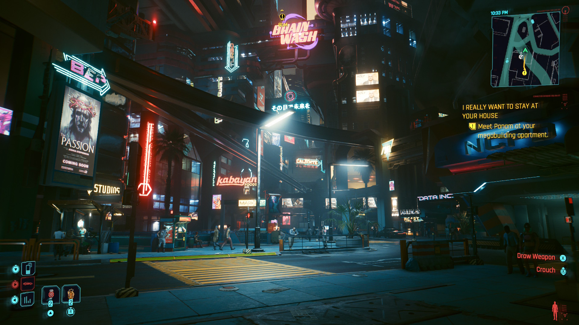 Cyberpunk 2077 Switch 2 gameplay showing Night City in the dark, streetlights and neon adverts lighting up the street
