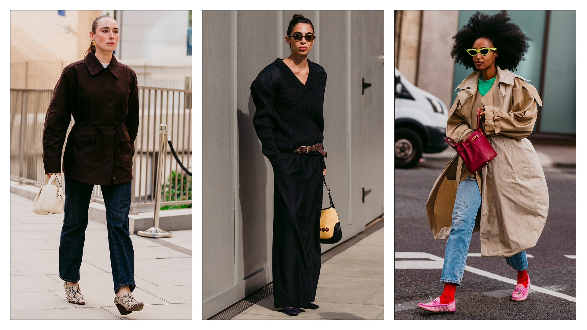Three women wearing stylish outfits during London Fashion Week.