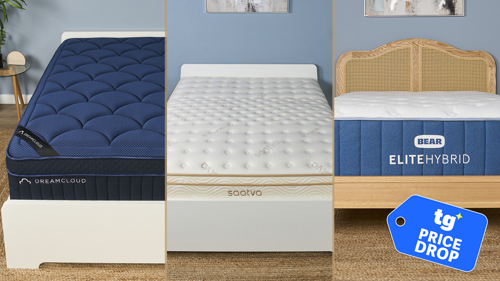 A collage of mattresses in the Tom's Guide sleep studio. From left: the DreamCloud Ultra Hybrid, the Saatva Classic and the Bear Elite Hybrid. A Tom's Guide price drop deals badge in the bottom right