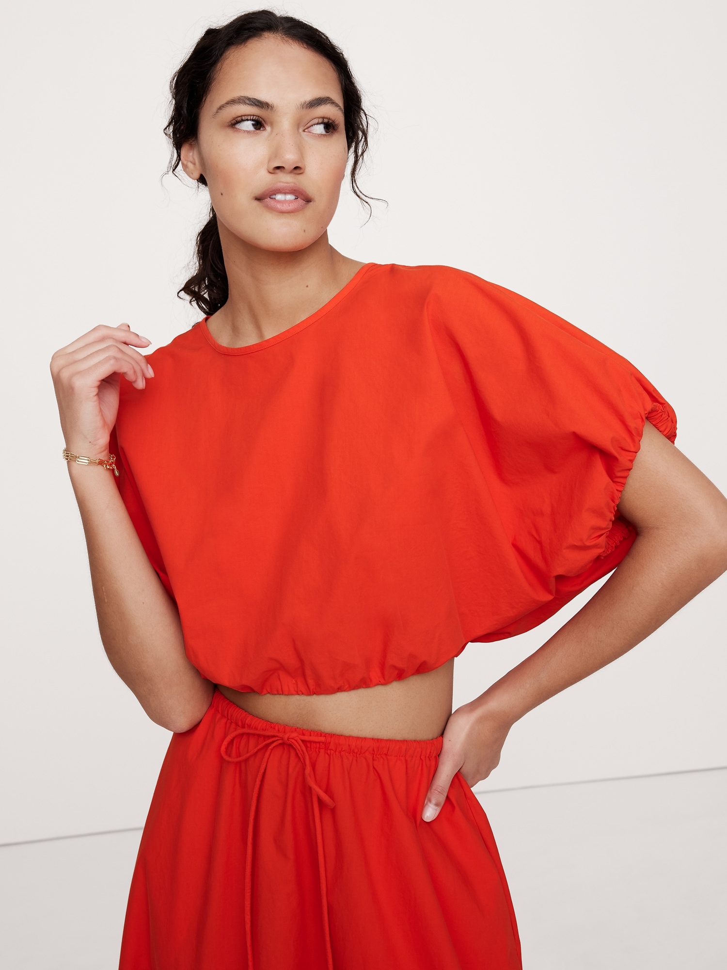 Cotton Poplin Bubble-Hem Cropped Top
