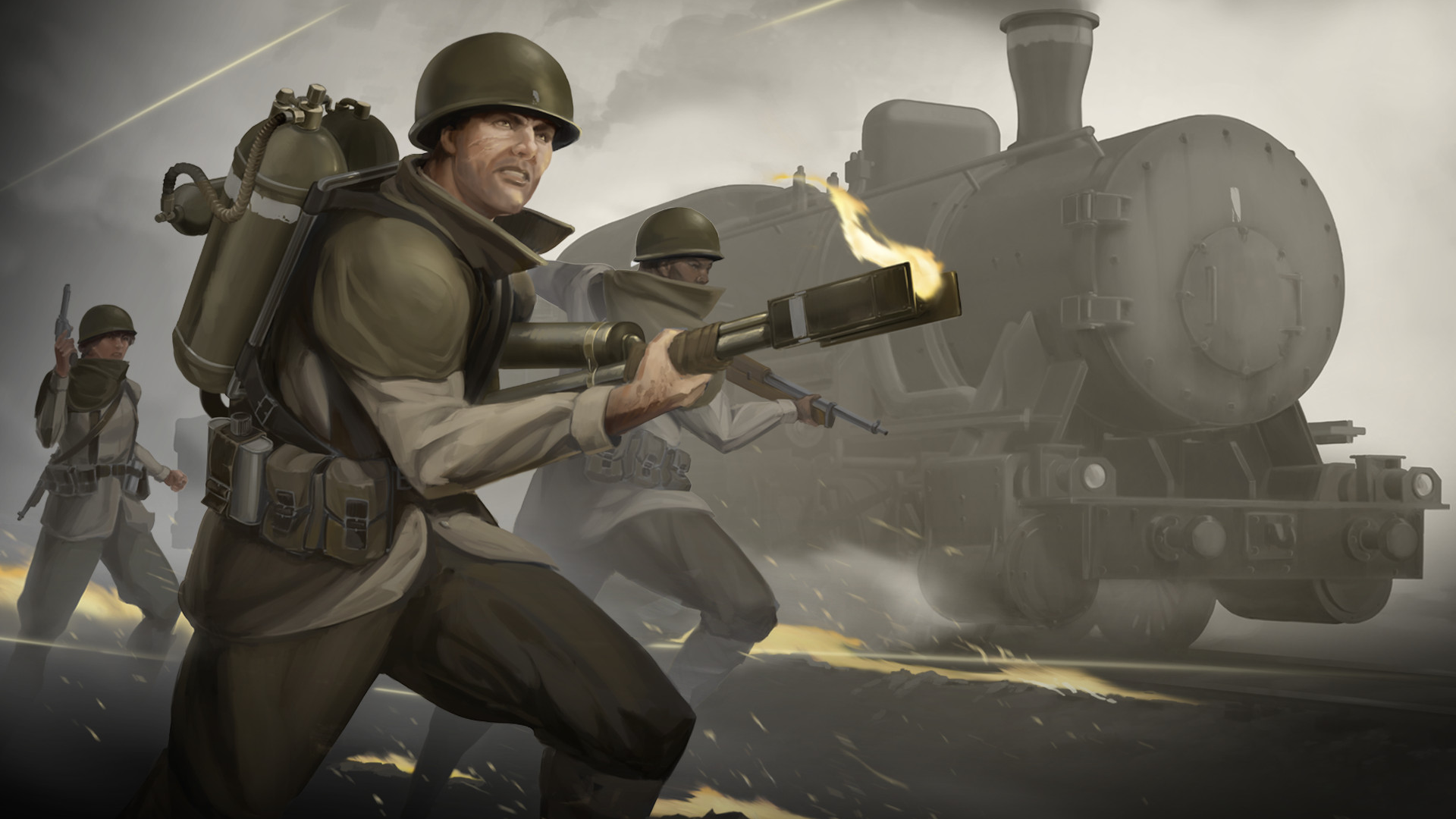 Soldiers run next to a train.