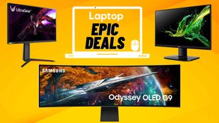 Three LG, Samsung, and Acer gaming monitors in front of a yellow abstract background with a Laptop Mag deals icon