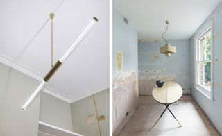 Two photos. The first has a horizontally hanging pole like light build. The second is of a room with an oval table below a pendant light next to a window.