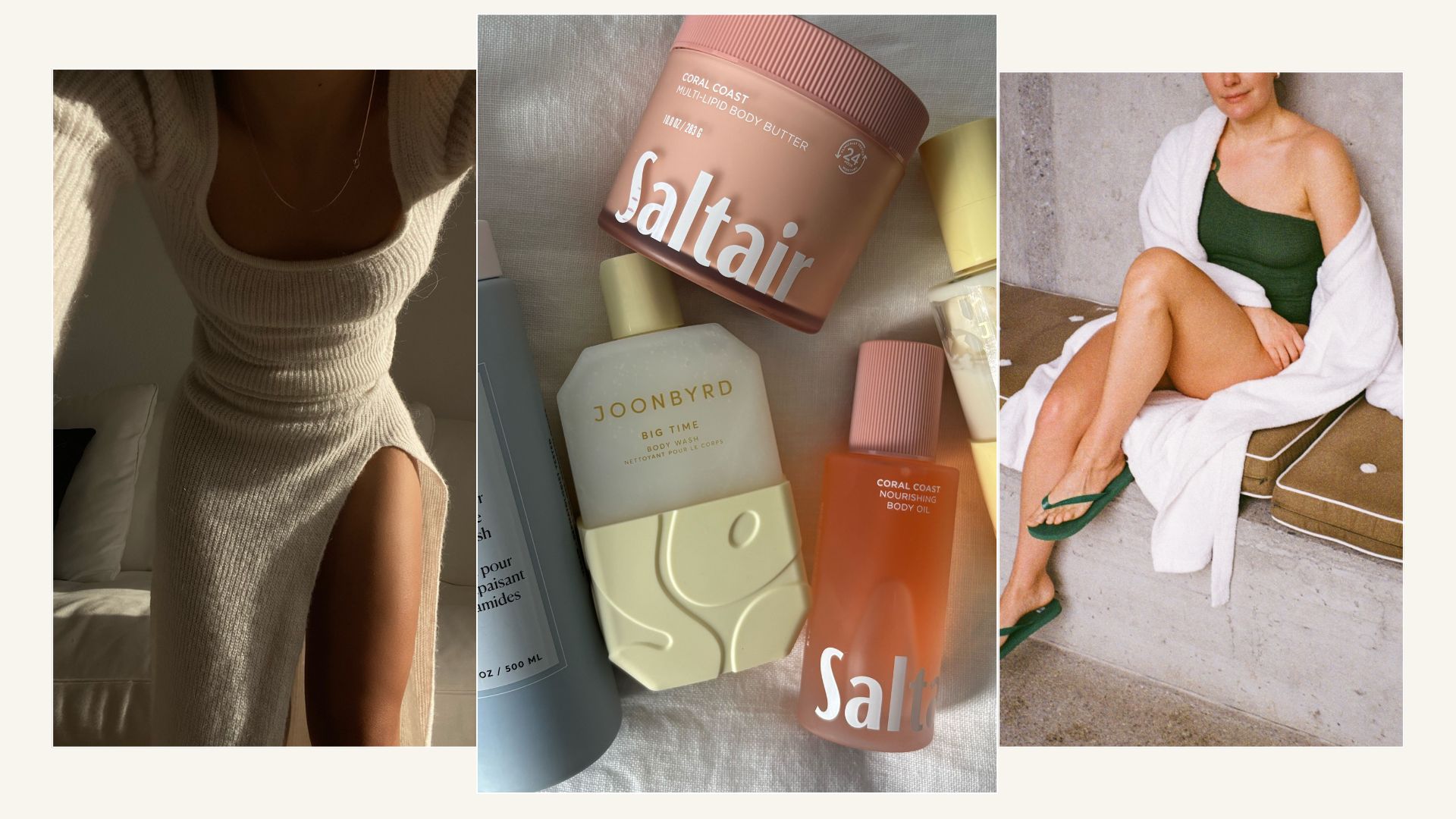 A woman taking a selfie of her dress with a side split, a flat lay picture of the best new body products of 2026, and a woman wearing a swimming costume and robe in a spa-like setting