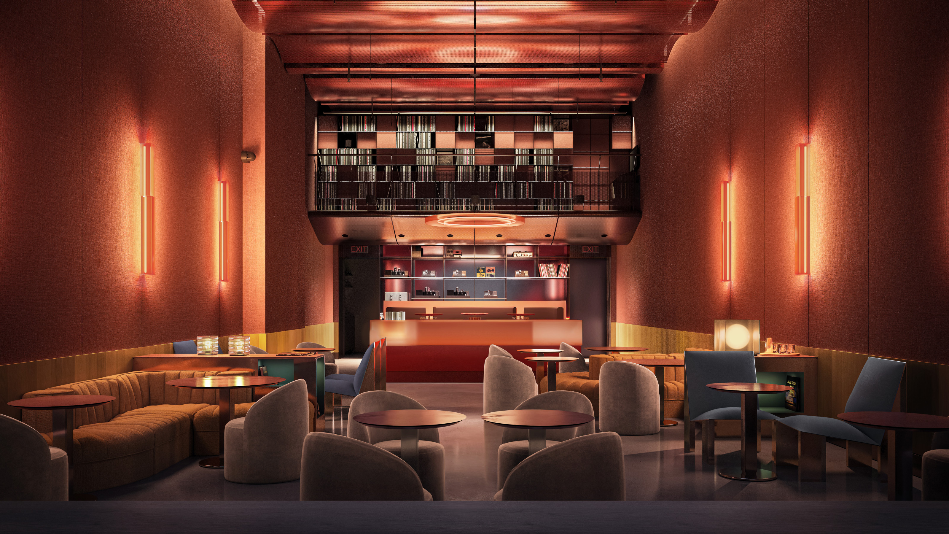 A rendered view of the main space looking back towards the DJ booth