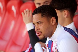 Barcelona attacker Vitor Roque looks frustrated on the bench in his side's LaLiga game against Girona in May 2024.